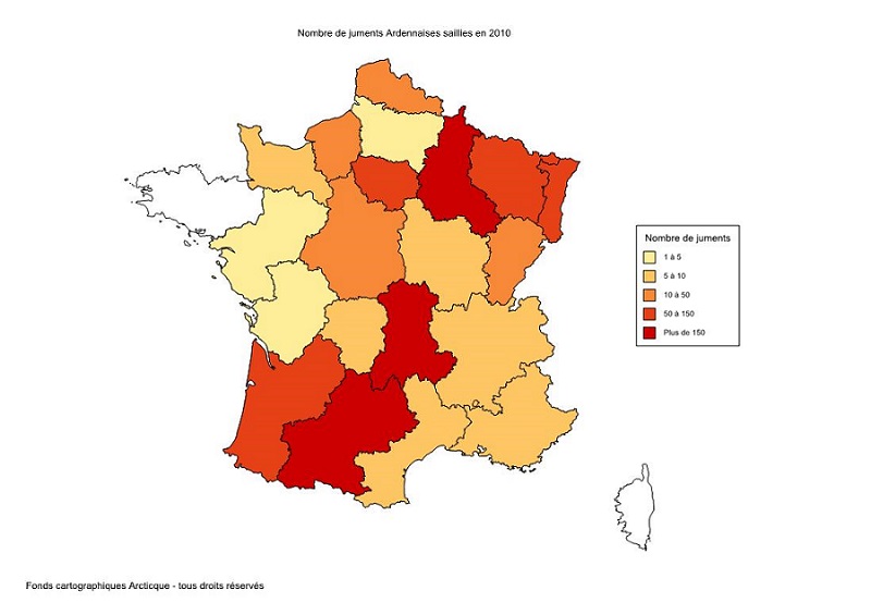 Répartition des juments saillies en France en 2010.